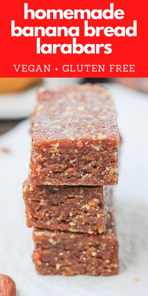 This healthy, whole 30 approved, homemade Banana Bread Larabar recipe is made with only THREE vegan and gluten free ingredients. Diy yourself this yummy copycat version of the popular lara bar! Paleo Banana Recipes, Paleo Banana Cake, Lara Bars Recipe, Gluten Free Snacks Recipes, Whole 30 Dessert, Whole 30 Snacks, Energy Bars Recipe, Paleo Banana Bread, Homemade Banana Bread