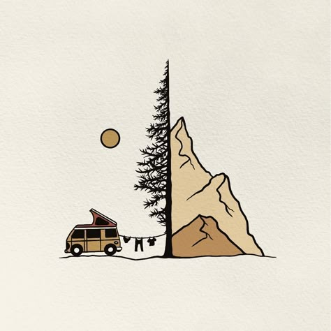 Illustration, art and design. Nature, surf, mountains, ocean, vanille, minimalistic, logo, logo design, tattoo, tattoodesign, surface, custom, travel, vanlife, Vanlife Painting, Mountains Simple Drawing, Easy To Draw Nature, Vanlife Drawing, Mountain Simple Drawing, Wander Illustration, Sun Lineart, Outdoors Drawing, Nature Simple Drawing