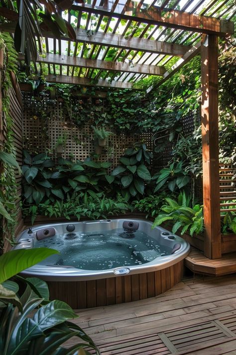 Backyard Hot Tub Privacy, Hot Tub Privacy Ideas, Enchanting Backyard, Backyard Hot Tub, Hot Tub Bar, Small Hot Tub, Hot Tub Privacy, Backyard Resort, Hot Tub Landscaping