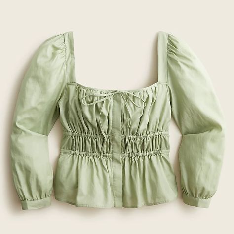 J.Crew: Cinched-waist Top In Herringbone Cotton For Women Cottage Core Blouse, Square Neck Sweater, Gathered Top, Gender Neutral Clothes, Pistachio Green, Jcrew Women, Crop Top Blouse, Wide Leg Denim, Striped Blouse