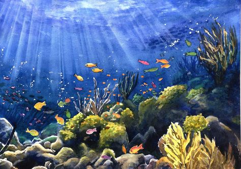 Under the sea by JoaRosa Under The Sea Artwork, Under The Sea Illustration, Under The Sea Painting, Underwater Mural, Under The Sea Drawings, Under The Sea Watercolor, Dubai Aquarium, Sea Drawing, Sea Artwork