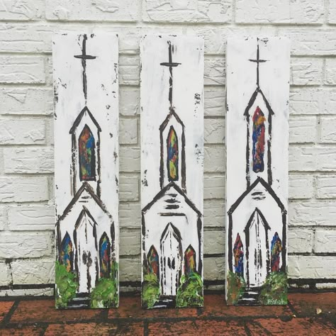 Painted Churches, Church Painting, Chirstmas Decor, Olive Juice, Painted Boards, Christmas Canvas, Pallet Art, Christmas Paintings, Plastic Straw