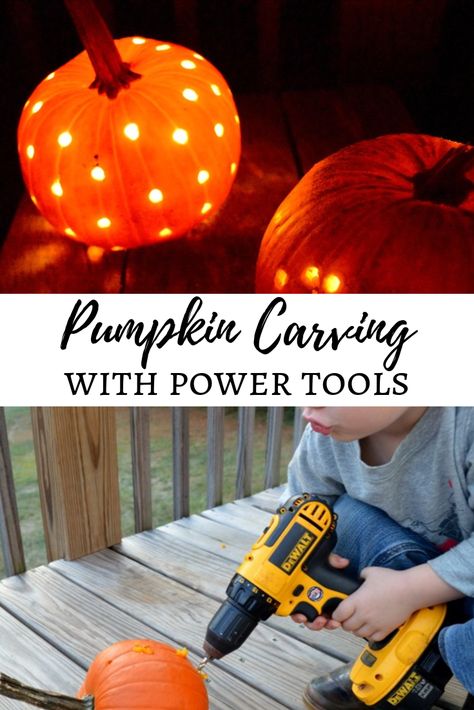 Use power tools for this one-of-a-kind pumpkin carving activity! . . fall, autumn, pumpkin carving, halloween, traditions, holidays, diy, craft, family fun Pumpkin Carving Designs With Drill, Pumpkin Carving With Power Tools, Pumpkin Carving With A Drill, Drill Bit Pumpkin Carving, Pumpkin Carving Tools, Pumkin Carving, Pumpkin Uses, Activities For Boys, Pottery Tools