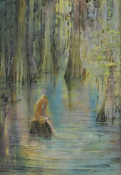 The Mystic Cypress ~ artist Alice Ravenel Huger Smith (1876-1958); watercolor, 21 5/8 x 15 3/8 in.  The Johnson Collection, Spartanburg, South Carolina.  Smith's work is represented in the collections of the Brooklyn, Hunter and High Museums, the Library of Congress and at institutions across the country.  #art  #Southern #mytumblr Calvin Liang, Jim Mcvicker, Colley Whisson, Where The Crawdads Sing, Etching Prints, The Mystic, Journal Art, Woodblock Print, Watercolor Artist