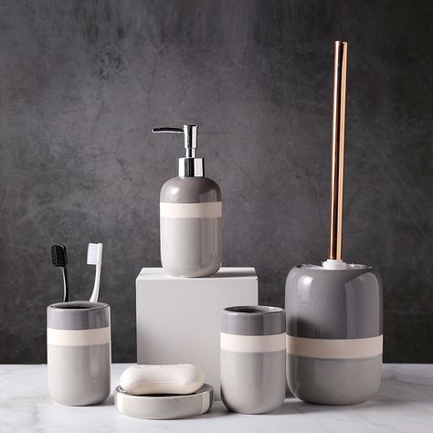 Grey And White Three Tones Colors Glazed Ceramic Accessories Set Concrete Bathroom Sink, Ceramic Bathroom Accessories, Ceramic Accessories, Plant Pot Design, Ceramic Accessory, Bathroom Accessories Set, Ceramic Bathroom, Pot Designs, Color Glaze