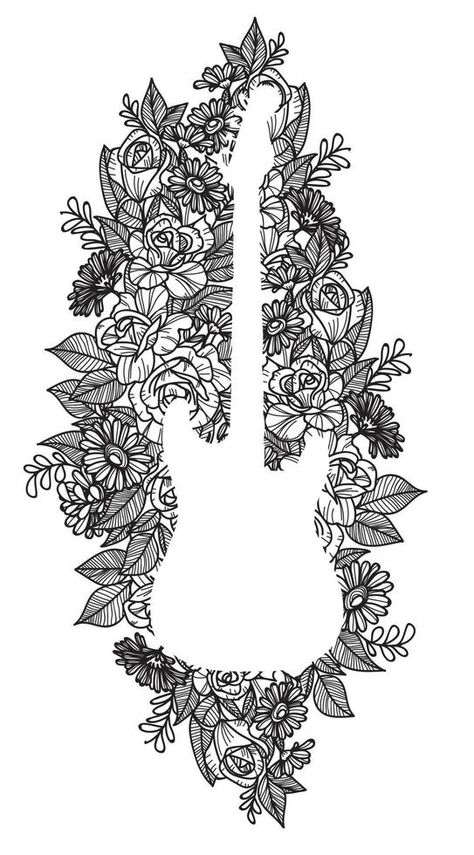 Guitar Black And White, Outline Sketches, Sketch Flower, 2022 Art, Hand Drawing, Art Hand, Tattoo Art, Art Tattoo, Vector Art