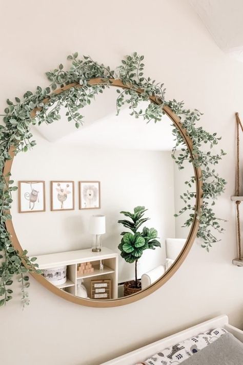 Safari Nursery Mirror, Greenery Nursery Neutral, Nursery With Mirror, Tropical Rainforest Nursery, Baby Girl Jungle Nursery, Girls Safari Nursery, Mirror For Nursery, Mirror Nursery