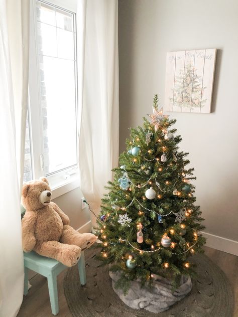 A small scale Christmas tree works perfect in the corner of a children's playroom.  This bushy 4.5 foot tree is an inexpensive option for a Christmas Tree in any room of your home.  A Cute Little Christmas Tree for the Playroom – Valley + Birch #christmastree #littletree #christmasdecor #kidsspaces #playroom #christmasdecorating #christmas Modern Farmhouse Rugs, Organized Playroom, Neutral Holiday Decor, Cozy Christmas Living Room, Christmas Entry, Little Christmas Tree, Christmas Trees For Kids, Small Christmas Tree, Farmhouse Style Christmas