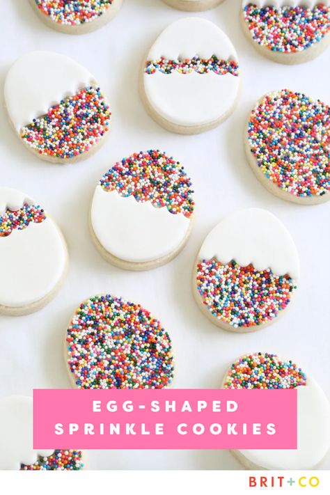 Egg-Shaped Sprinkle Cookies: Tasty produce, pastel palettes, and outdoor-entertaining weather make spring the ideal time of year to whip up creative desserts. It's no wonder that Easter sweets, like rainbow cakes and Peeps desserts, are some of our favorites to make. Here are showstopping, party-worthy Easter dessert recipes for a blissfully sweet holiday. Easter Biscuits, Easter Appetizers, Appetizers For Kids, Easter Sugar Cookies, Easter Sweets, Easter Dinner Recipes, Easter Desserts Recipes, Easter Baking, Sprinkle Cookies