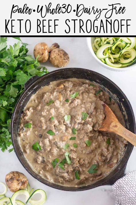 This Paleo Beef Stroganoff is a simple weeknight dinner that's made with ground beef is creamy, hearty, and tastes like you spent all day in the kitchen! Paleo Beef Stroganoff, Beef Stroganoff With Ground Beef, Stroganoff With Ground Beef, Gluten Free Beef Stroganoff, Keto Beef Stroganoff, Stroganoff Beef, Whole30 Beef, Ground Beef Stroganoff, Keto Beef