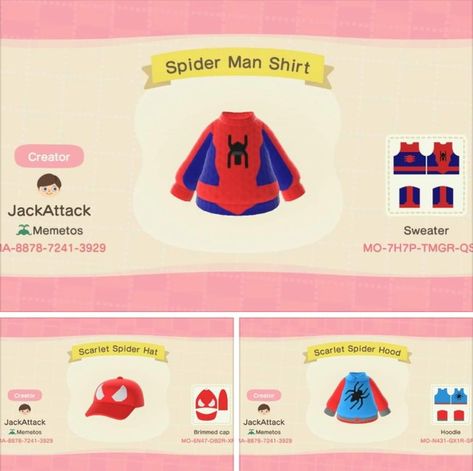 Spiderman Animal Crossing Qr Codes, Acnh Spiderman Design, Spider Man Animal Crossing, Acnh Spiderman, Animal Crossing Mens Clothes, Animal Crossing Spiderman, Acnh Marvel, Creature Street, Acnh Halloween