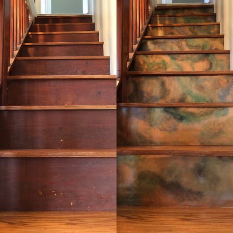 I used copper flashing from Home Depot and metallic paints to create a patina that I liked. Liquid nails to attach to the stair risers and bam! Stair Walls, Industrial Modern Design, Hall Flooring, Interior Staircase, Tile Stairs, Staircase Decor, Basement House, Stair Risers, Stair Steps