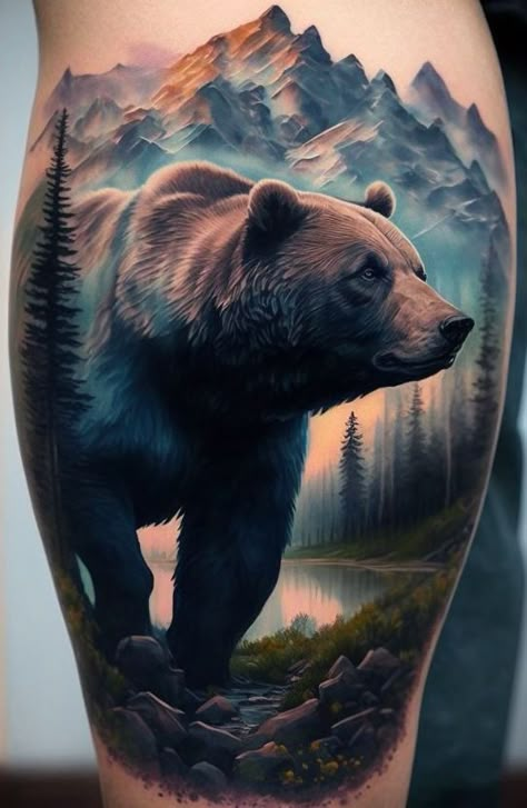 Color Bear Tattoo, Woman Bear Tattoo, Colorful Bear Tattoo, Brown Bear Tattoos For Men, Bear And Moose Tattoo, Mountain And Bear Tattoo, Spirit Bear Tattoo, Watercolor Bear Tattoo, Bear Tattoos Women