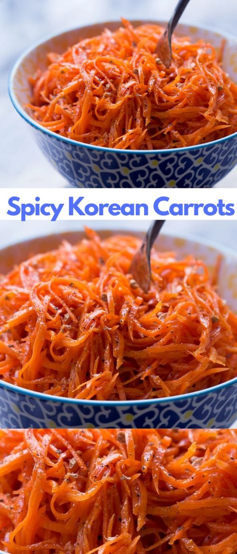 Korean Carrots, Spicy Carrot Salad, Spicy Recipes Easy, Carrots Salad, Spicy Carrots, Spicy Dinner Recipes, Corn Dishes, Spicy Snacks Recipes, Vegetable Side Dishes Recipes