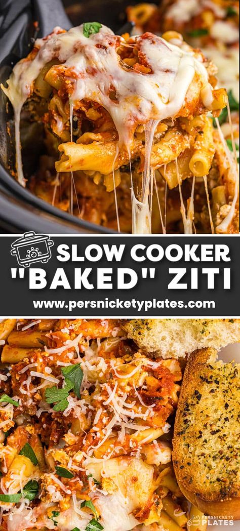 Now it’s easier than ever to make baked ziti - right in the slow cooker! Layered with tasty marinara sauce, uncooked pasta noodles, and a seasoned cheese mixture, this crockpot comfort food is a dump-and-set recipe that the whole family will love! Crockpot Ziti, Crock Pot Baked Ziti, Slow Cooker Baked Ziti, Slow Cooker Pasta Recipes, Crockpot Pasta, Slow Cooker Baking, Ziti Recipes, Baked Ziti Recipe, Slow Cooker Pasta