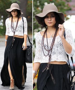 Hats Vanessa Hudgens Outfits, Estilo Vanessa Hudgens, Gabriella Montez, Real Outfits, Isabel Lucas, Long Black Skirt, Boho Street Style, Vanessa Hudgens Style, Stile Boho Chic