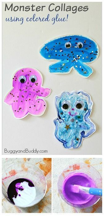 Process Art for Kids: Friendly Monster Collages Using Colored Glue Aesthetic Craft Ideas, Process Art For Kids, Teal Room, Aesthetic Craft, Friendly Monster, Space Week, Art Healing, Thema Halloween, Preschool Fall