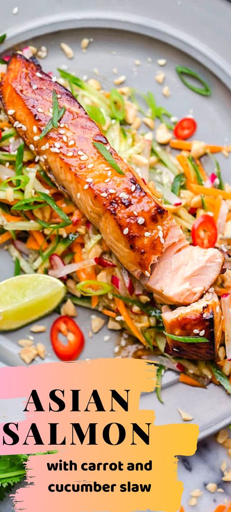 Asian Salmon with Carrot and Cucumber Slaw #salmonrecipes Salmon And Slaw, Salmon With Carrots, Salads For Fish Dishes, Healthy Asian Salmon Recipes, Asian Salad With Salmon, Asian Salmon Salad Recipes, Salads With Salmon Ideas, Clean Salmon Recipes, Salmon And Salad Recipes