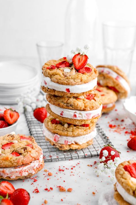 Strawberries and Cream Ice Cream Sandwiches - Bakers Table Ice Cream Sandwich Cookies, Strawberry Ice Cream Sandwich, Cream Sandwich Cookies, Soft Chewy Cookies, Bakers Table, Lemon Crinkle Cookies, Baking Soda And Lemon, Ultimate Cookies, Cookies Soft