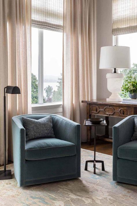 A Mediterranean style hillside home in Seattle is the ultimate bachelor pad Blue And Gray Rug, Velvet Swivel Chair, Bronze Floor Lamp, Seattle Homes, Grey Headboard, Chair Living Room, Grey Sectional, Swivel Chair Living Room, Transitional Living