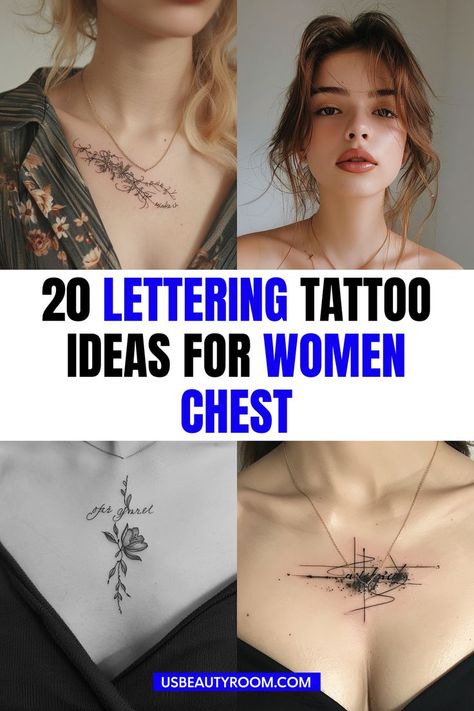 Woman’s chest with a bold, elegant script lettering tattoo placed near the collarbone. Lettering Tattoo Ideas, Last Name Tattoos, Lettering Tattoos, Lettering Tattoo, Motivational Message, Chest Tattoos For Women, Tattoo Ideas For Women, Personal Statement, Elegant Font