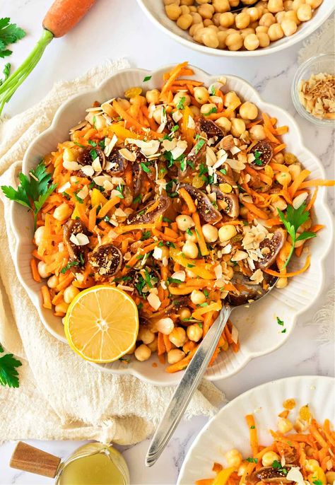 Moroccan Carrot Chickpea Salad Chickpea Carrot Salad, Carrot Chickpea Salad, Doner Kabob, Moroccan Chickpea Salad, Carrot Chickpea, Curry Salad, Moroccan Carrot, Carrot Curry, Moroccan Carrots