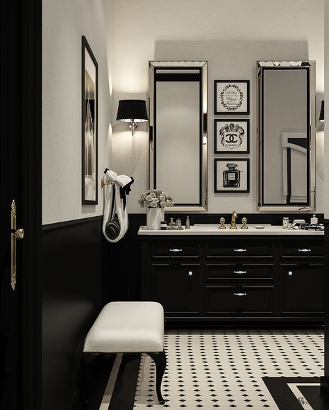 Coco pearls on Behance Coco Pearls, Chanel Decoration, Chanel House, Dark Bathroom Ideas, Chanel Decor, Black And White Bathroom, Georgian Interiors, Dark Bathrooms, Black And White Interior