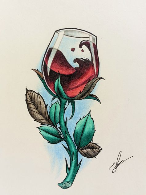 Unique Rose Drawing, Glass Rose Tattoo, Wine Drawing Sketches, Bottle Of Wine Drawing, Wine Glasses Drawing, Goblet Drawing, Liquor Drawing, Wine Art Drawing, Cool Flower Drawings