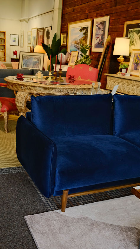 navy blue velvet sofa in a well designed living room Navy Blue Velvet Sofa, Sofa Mid Century, Navy Sofa, Blue Velvet Sofa, Navy Blue Velvet, Mid Century Sofa, California Homes, Velvet Sofa, Velvet Material