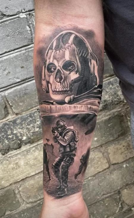 10 Best Call of Duty Tattoos and Ideas - NSF - Magazine Call Of Duty Ghosts Tattoo, Ghost Tattoos Cod, Call Of Duty Ghost Tattoo, Call Of Duty Nails, Cod Tattoo Ideas, Ghost Cod Tattoo, Call Of Duty Tattoo Ideas, Call Of Duty Drawings, Call Of Duty Tattoo