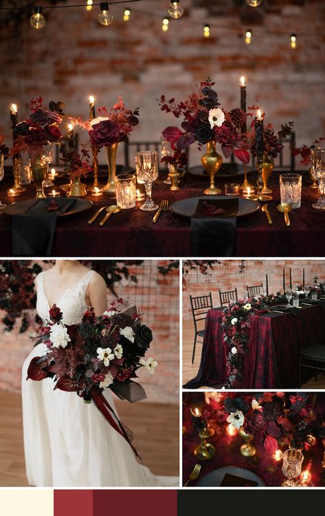 Dark Red Moody Wedding, Garnet Black Gold Wedding, Burgundy Black Wedding Decor, Wine Red Black And Gold Wedding, Black And Mulberry Wedding, Black And Burgundy Gothic Wedding, Burgundy And Black Fall Wedding, Fall Black Wedding Color Schemes, Darker Wedding Colors