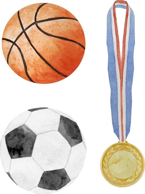 Watercolor illustration of sport balls set football, soccer, basketball and baseball with gold winner medal isolated on white background Watercolor Soccer Ball, Sport Drawing Illustration, Fitness Painting, Basketball Watercolor, Soccer Ball Illustration, Sport Artwork, Soccer Watercolor, Sports Watercolor, Football Watercolor