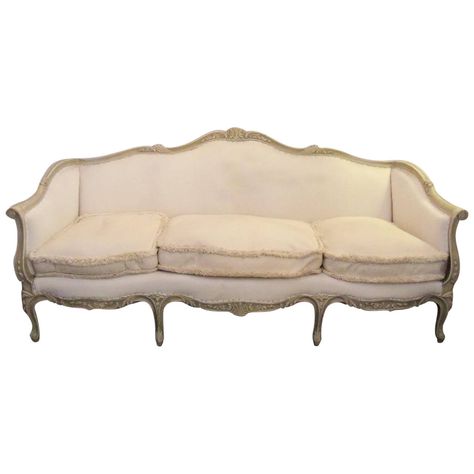 20th Century Maison Jansen Louis XV Style Carved Painted Wood Upholstered Sofa | From a unique collection of antique and modern canapes at https://www.1stdibs.com/furniture/seating/canapes/ Louis Xv Furniture, Romantic Living Room, Feminine Decor, Carved Wood Frame, Maison Jansen, Period Furniture, Wood Sofa, Classic Furniture, Upholstered Sofa