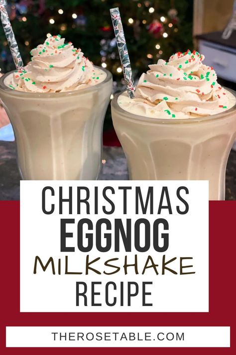 Delicious eggnog milkshakes for Christmas! Hot Cocoa Milkshake, Eggnog Milkshake Recipes, Frozen Drinks Recipes, Milk Shakes Recipes Easy, Christmas Milkshakes, Eggnog Milkshake, Christmas Dessert Drinks, Egg Nogg, Milkshake Ideas