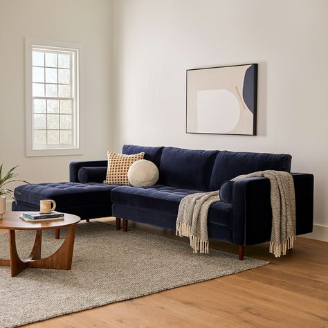 Embrace your inner peacock. This blue velvet sectional is for show-offs with style: brushed cotton velvet, loose bolsters and back cushions, and a tufted bench seat offers so much opportunity for drama. Can you even handle the drama of the Sven cascadia blue left sectional sofa? We believe in you: fall dramatically backwards in a faux faint. The corner-blocked wooden frame can handle it. Blue Dining Room Paint, Room Inspiration Blue, Blue Sofa Decor, Room Ideas Blue, Navy Sofa Living Room, Blue Dining Room Walls, Blue Velvet Sofa Living Room, Blue Dining Room Decor, Velvet Couch Living Room