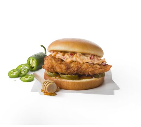 Chick-fil-A Honey Pepper Pimento Chicken Sandwich Nutrition Facts Honey Pepper Chicken, Spicy Sandwich, Pimento Cheese Sandwiches, Chicken Brands, Chicken Filet, Grilled Ham And Cheese, Grilled Ham, Chicken Sandwiches, Fried Chicken Sandwich