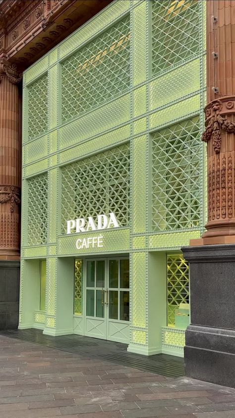 Store Facade Design, Prada Cafe, London Cafes, Prada Beauty, Anthropologie Gifts, Container Coffee Shop, Prada Store, Prada 2023, Prada Green