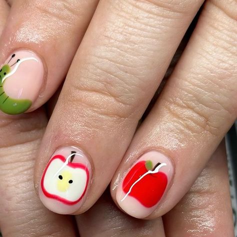 Sydney on Instagram: "Sweetest little back to school nails! 🍎🐛  Detailed Art Gel Mani   #nails #nailart #nailartist #minneapolisnails #minneapolisnailtech #backtoschool #backtoschoolnails #fallnails #applenails" Fantastic Mr Fox Nails, Bowling Nails, Teacher Nail Art, Apple Nails, Snoopy Nails, Teacher Nails, Fox Nails, Mani Nails, Detailed Art