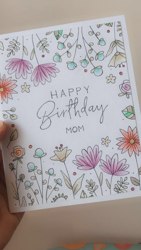 50 Birthday Card Diy, Cute Flower Birthday Card, B Day Cards For Mom, Drawing For Grandma Birthday, Mom Birthday Drawing, Creative Birthday Cards For Mom, Happy Birthday Calligraphy, Birthday Card For Mom, Paper Birthday Cards