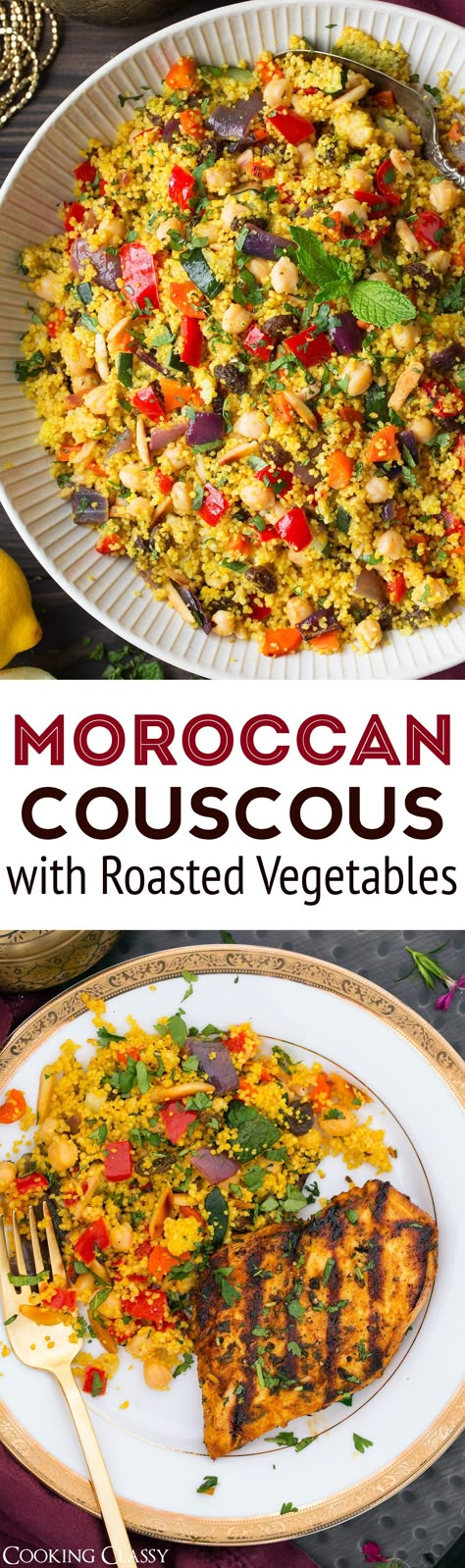 Moroccan Couscous with Roasted Vegetables Chick Peas and Almonds - Cooking Classy Couscous With Roasted Vegetables, Arabisk Mad, Moroccan Couscous, Couscous Recipe, Chicken Food Recipes, Moroccan Recipes, Moroccan Dishes, Couscous Recipes, Cous Cous