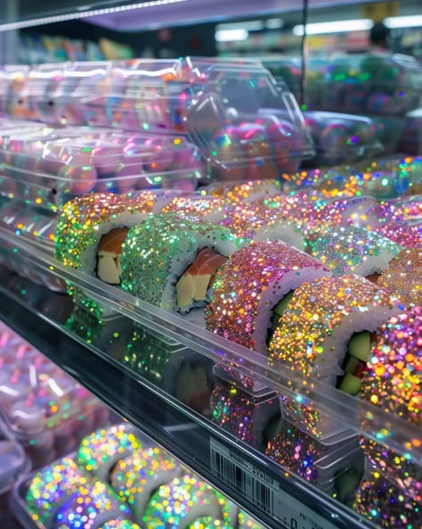 ⓢⓤⓢⓗⓘ ⓐⓝⓨⓞⓝⓔ? 🍣🍙 #Sushi #Japan #IridescentAIArt #Iridescent #IridescentArt #GroceryStore #GlitterSushi #GlitterArt Rainbow Sushi, Jelly Food, Sushi Rice Recipes, Sushi Bake, Pastel Cupcakes, Workout Routines For Beginners, Sushi Art, Kawaii Cooking, Tumblr Pics