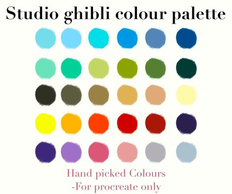 Studio ghibli inspired colour palette for procreate Color Pallets Procreate, Studio Ghibli Color Palette, Ghibli Color Palette, Fernanda Core, Ghibli Nursery, Modeling Studio, Environment Modeling, Studio Ghibli Inspired, Colour Reference