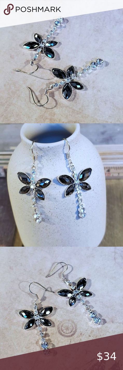 Y2K 90s Black Silver Clear Butterfly Crystal Dangle Earrings New Vintage Clear Butterfly, Closet Y2k, Butterfly Crystal, Crystal Butterfly, Crystal Dangle Earrings, Y2k 90s, Faceted Crystal, Butterfly Wings, Diamond Stone