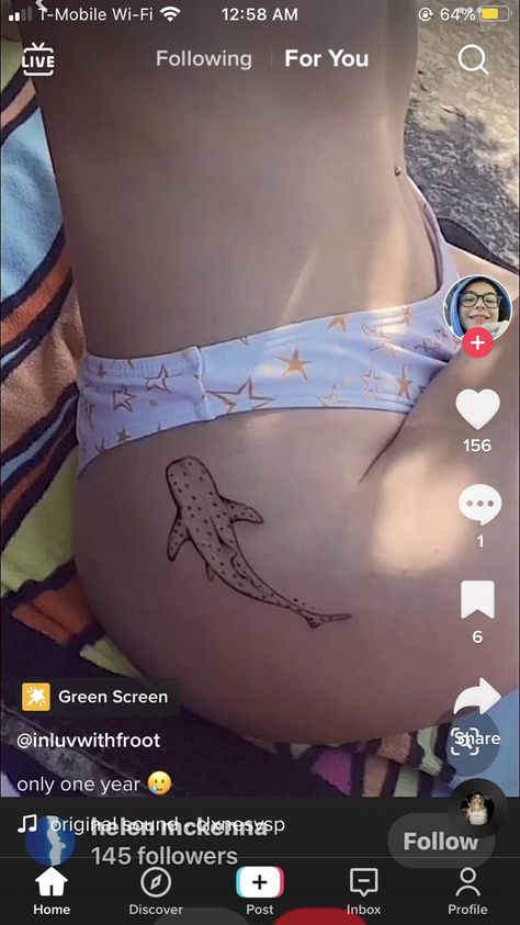 Whale Shark Tattoo Placement, Whale Shark Hip Tattoo, Shark Tattoo Hip, Shark Tattoo Aesthetic, Shark Hip Tattoo, Tiny Leg Tattoos, Beach Tats, Small Shark Tattoo, Aquatic Tattoo