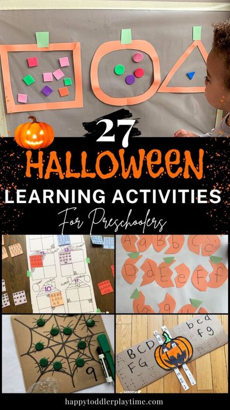 Halloween Learning Activities for Preschoolers - Happy Toddler Playtime Preschool Small Group, Halloween Learning Activities, Halloween Activities For Toddlers, Learning Activities For Preschoolers, Halloween Themed Activities, Happy Toddler, Learning Activities For Kids, Halloween Preschool, Language Art Activities