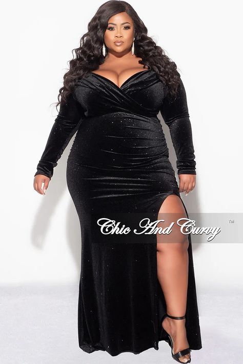 Final Sale Plus Size Glitter Off the Shoulder Velvet Gown with Slide S – Chic And Curvy Revenge Dress, Plus Size Ball Gown, Black Plus Size Dress, Chic And Curvy, Plus Size Formal, Oscar Dresses, Velvet Gown, Positive Body Image, Black Tie Wedding