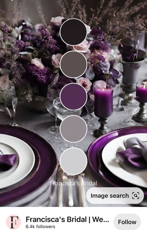 Purple And Black Wedding Theme Color Palettes, Dark Purple Wedding Palette, Black And Purple Color Palette, Purple Wedding Color Schemes, Eggplant Wedding Colors, Purple Wedding Palette, Purple Silver Wedding, Wedding Theme Color Schemes, Color Knowledge