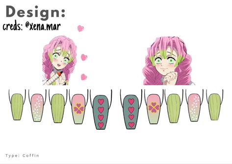 Mitsuri Kanroji Inspired Nails, Mitsuri Nail Design, Mitsuri Kanroji Nail Design, Mitsuri Nails Acrylic, Mitsuri Kanroji Nail Art, Mitsuri Nail Art, Anime Nail Inspiration, Nail Drawing Ideas Art Designs, Mitsuri Nails Demon Slayer