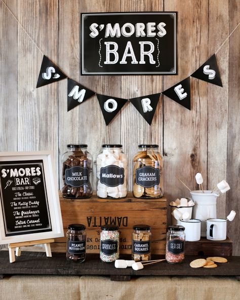 The cutest FREE S'mores Bar Printable in chalkboard! Just download, edit and print for a perfect S'mores Bar set up - absolutely free! We love you S'more! #freeprintables #smoresbar Graduation Smores Bar, Elegant Smores Bar Wedding, S’more Table, S’more Party, S’more Bar Ideas, Smores Display Ideas, S’more Station, Smores Table Wedding, S’mores Birthday Party