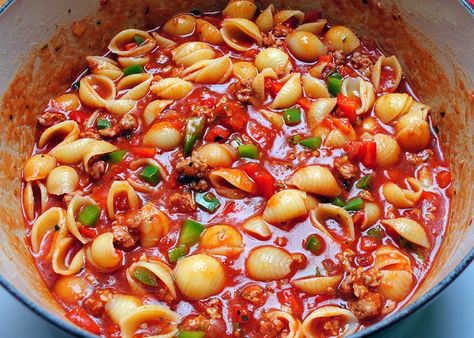 Spicy Goulash Spicy Goulash, Can Crushed Tomatoes, Italian Pork, Ground Italian Sausage, Goulash Recipes, Minced Onion, Goulash, Pork Sausage, Crushed Tomatoes